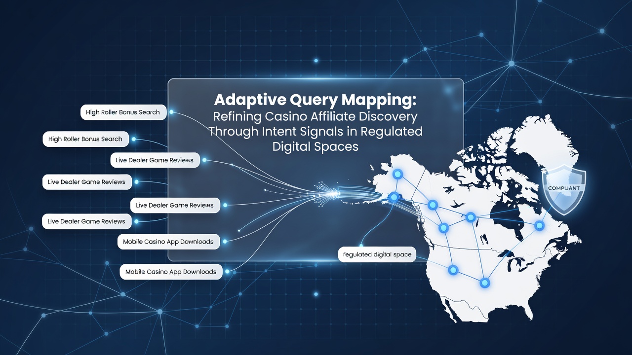 Illustration of adaptive query mapping process showing intent signals flowing into casino affiliate discovery pathways in regulated markets