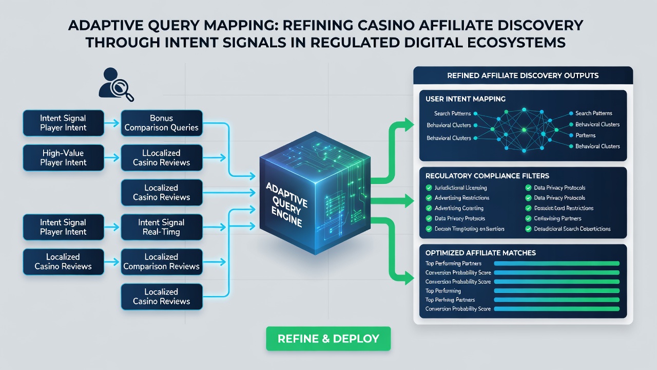 Diagram depicting intent signal processing layers connecting user queries to verified casino affiliate networks under regulatory oversight