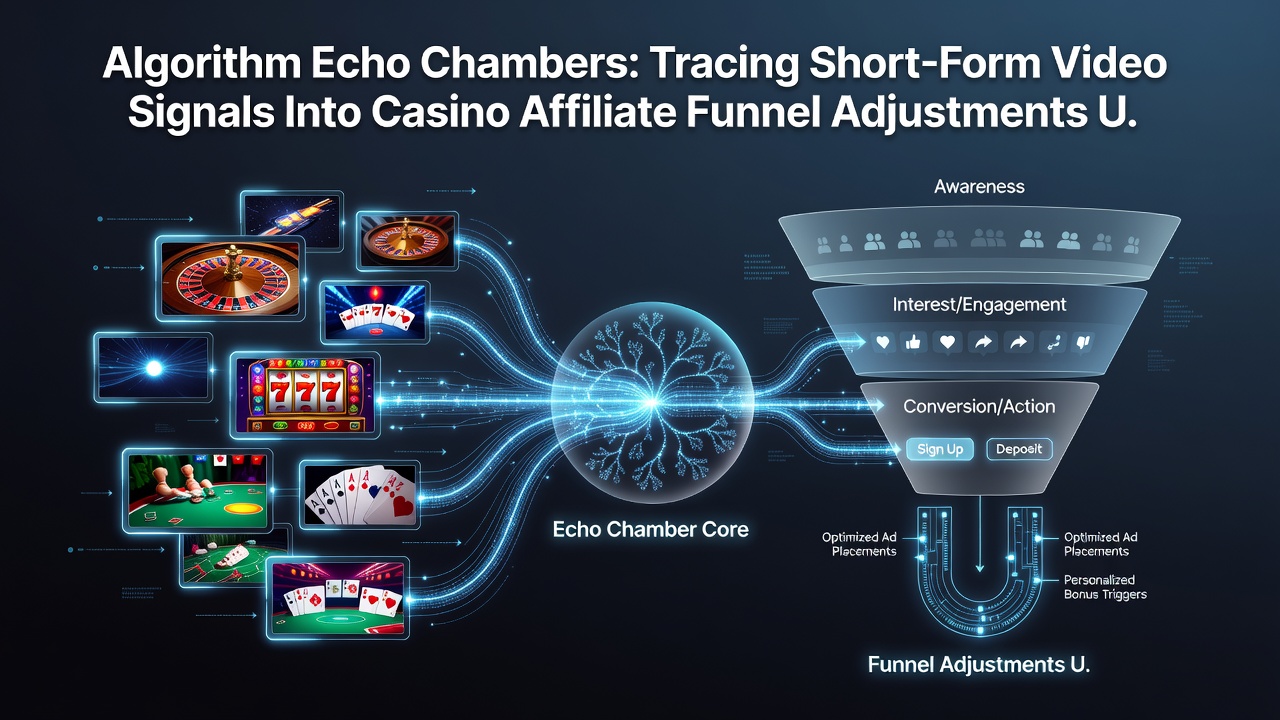 Data flow diagram showing short-form video signals entering casino affiliate conversion funnels under compliance limits