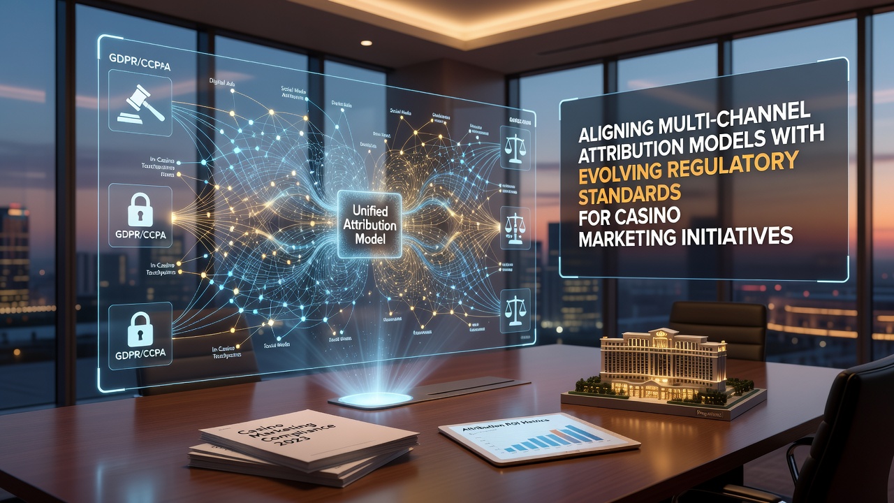 Casino marketing team reviewing multi-channel attribution dashboards alongside regulatory compliance checklists