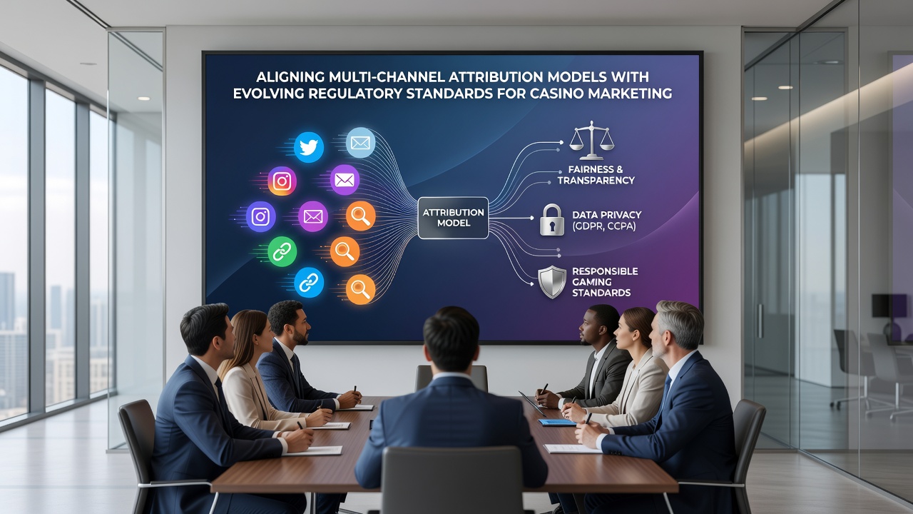 Data analysts examining anonymized attribution reports and regulatory filing templates for casino promotions
