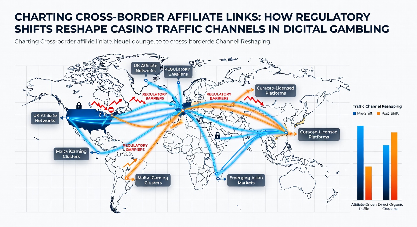 Diagram illustrating cross-border affiliate link structures connecting operators across multiple jurisdictions in digital gambling markets