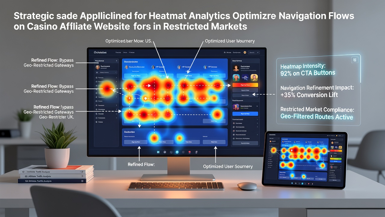 Heatmap visualization overlay on a casino affiliate portal showing user click patterns and navigation bottlenecks in restricted market segments