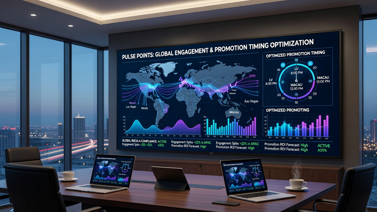 Analytics interface showing engagement heatmaps and regulatory compliance checkpoints for casino campaigns